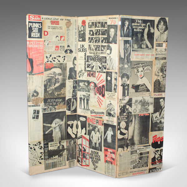 Antique Three Fold Screen, Victorian Pasted with 1970s Music Scraps, Punk, Metal - London Fine Antiques