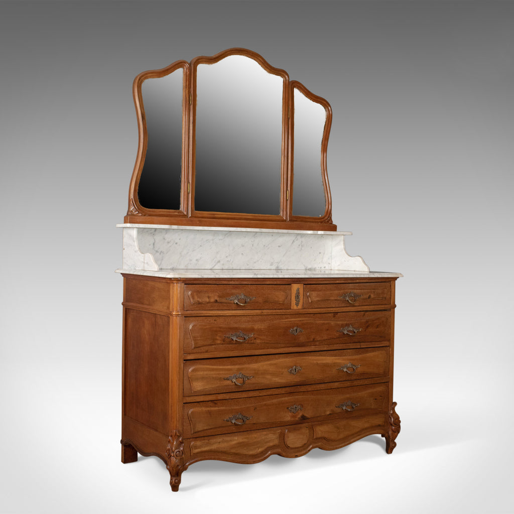 Antique Vanity Chest of Drawers, French, Marble Top, Mirror Back, Mahogany c1880 - London Fine Antiques