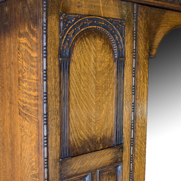Antique Wardrobe, English Oak Mirror Door Compactum Gothic Overtones Circa 1910 - London Fine Antiques
