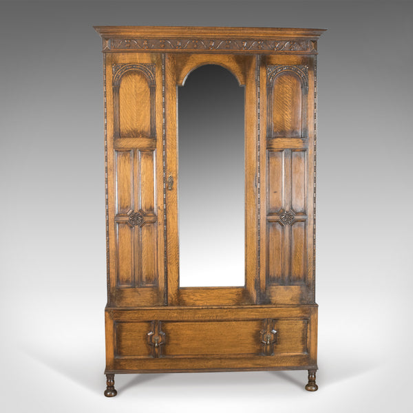 Antique Wardrobe, English Oak Mirror Door Compactum Gothic Overtones Circa 1910 - London Fine Antiques