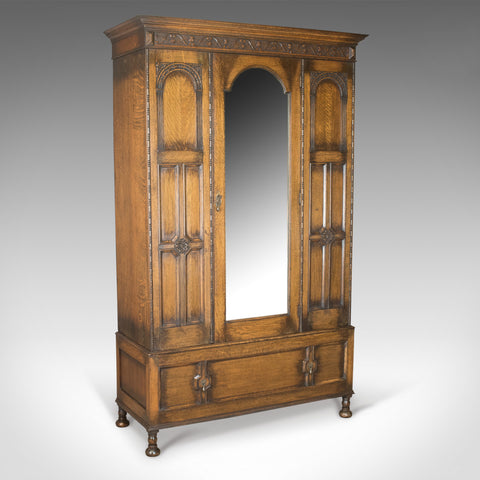 Antique Wardrobe, English Oak Mirror Door Compactum Gothic Overtones Circa 1910 - London Fine Antiques