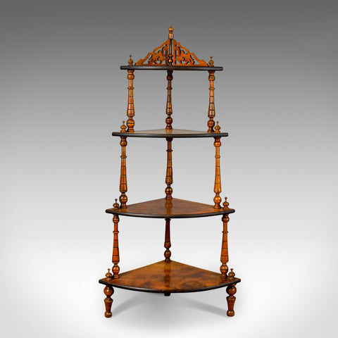 Antique Whatnot, English, Burr Walnut, Four Tier Corner Display Stand Circa 1880 - London Fine Antiques