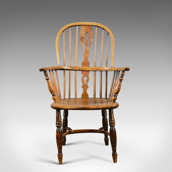 Antique Windsor Elbow Chair, Victorian Double Hoop Armchair, Elm, Ash c.1850 - London Fine Antiques