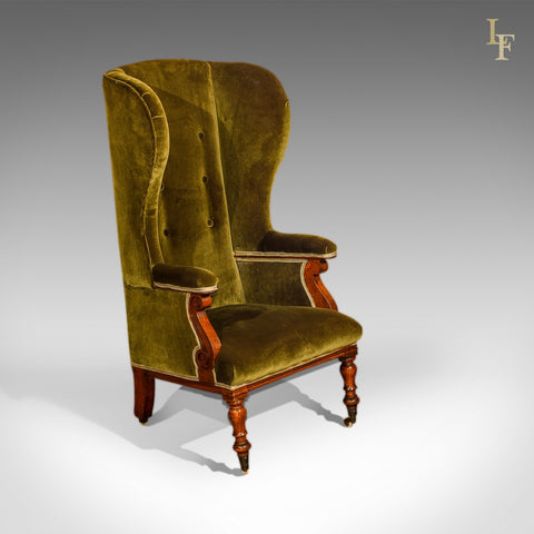 Antique Wing Back Chair, Victorian, Green Velvet c.1850 - London Fine Antiques