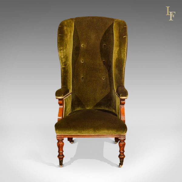 Antique Wing Back Chair, Victorian, Green Velvet c.1850 - London Fine Antiques