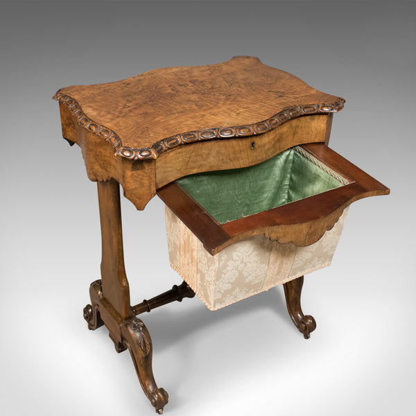 Antique Work Table, English, Victorian, Burr Walnut Sewing Companion Circa 1860 - London Fine Antiques