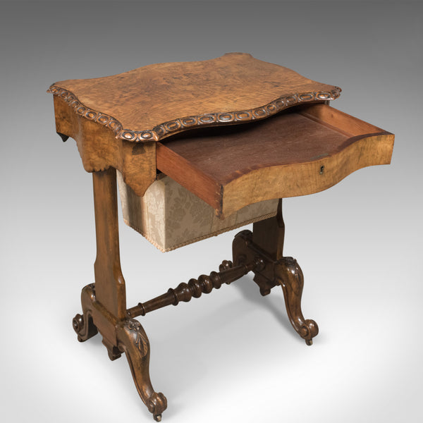 Antique Work Table, English, Victorian, Burr Walnut Sewing Companion Circa 1860 - London Fine Antiques