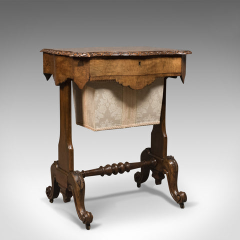 Antique Work Table, English, Victorian, Burr Walnut Sewing Companion Circa 1860 - London Fine Antiques