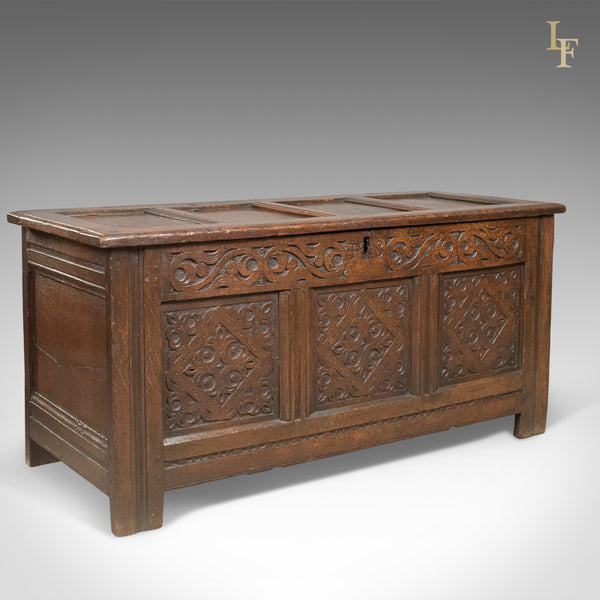 Carved Antique Coffer, English Oak Joined Chest, Trunk, c.1700 - London Fine Antiques