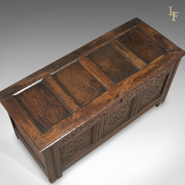 Carved Antique Coffer, English Oak Joined Chest, Trunk, c.1700 - London Fine Antiques