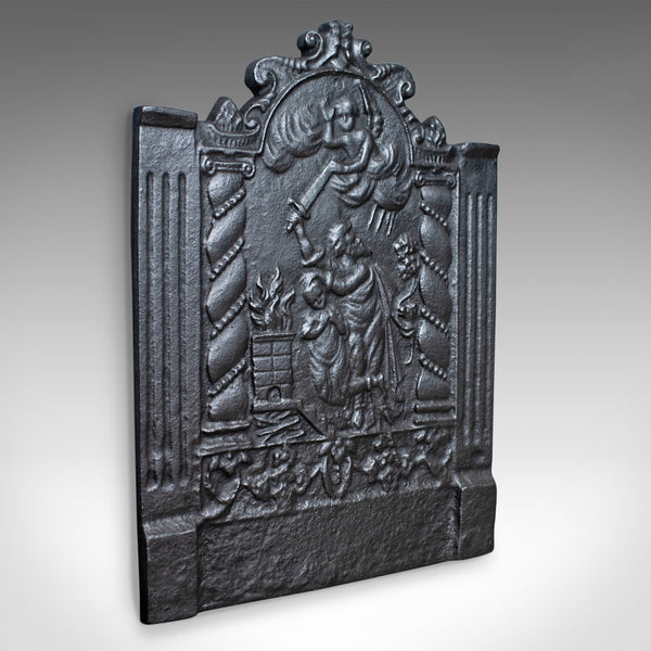 Cast Iron Fire Back, 17th Century Revival, Plate, Figures and Angel, Late C20th - London Fine Antiques