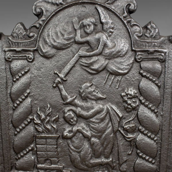 Cast Iron Fire Back, 17th Century Revival, Plate, Figures and Angel, Late C20th - London Fine Antiques