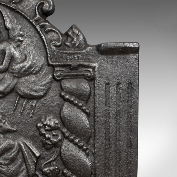Cast Iron Fire Back, 17th Century Revival, Plate, Figures and Angel, Late C20th - London Fine Antiques