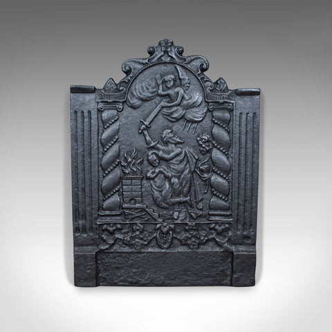 Cast Iron Fire Back, 17th Century Revival, Plate, Figures and Angel, Late C20th - London Fine Antiques