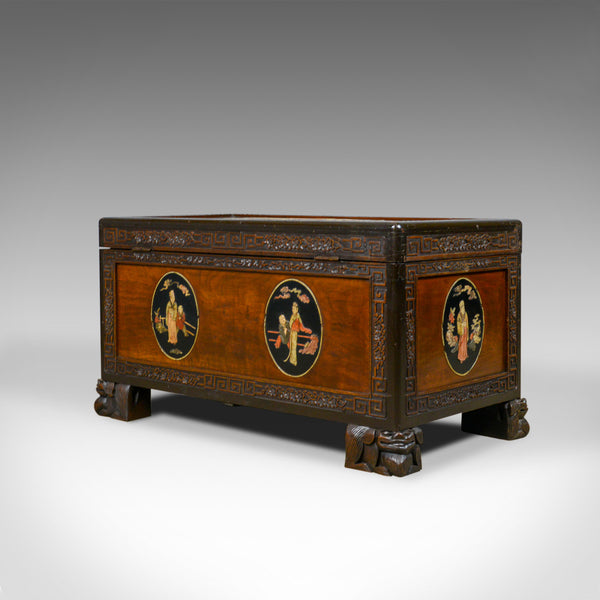 Chinese Camphorwood Chest, Oriental Inlaid Scenes, Trunk, Art Deco Period c.1940 - London Fine Antiques