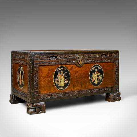 Chinese Camphorwood Chest, Oriental Inlaid Scenes, Trunk, Art Deco Period c.1940 - London Fine Antiques