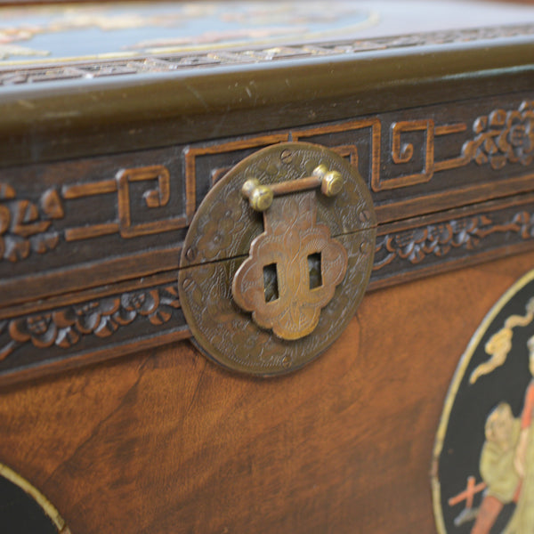 Chinese Camphorwood Chest, Oriental Inlaid Scenes, Trunk, Art Deco Period c.1940 - London Fine Antiques
