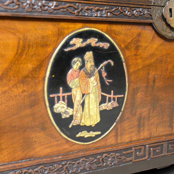Chinese Camphorwood Chest, Oriental Inlaid Scenes, Trunk, Art Deco Period c.1940 - London Fine Antiques