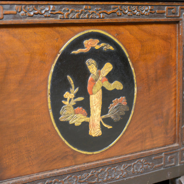 Chinese Camphorwood Chest, Oriental Inlaid Scenes, Trunk, Art Deco Period c.1940 - London Fine Antiques