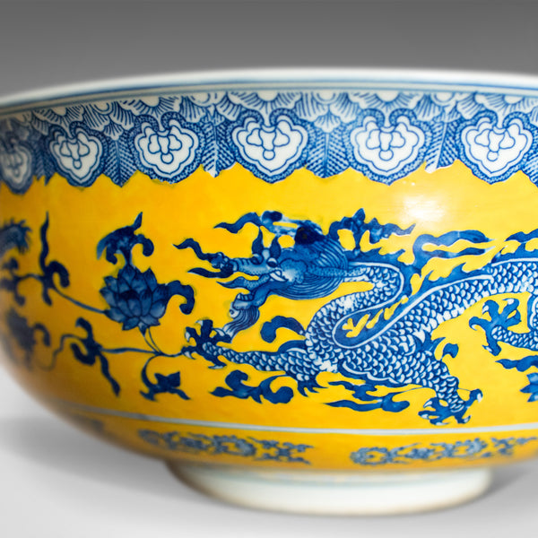 Chinese Porcelain Bowl, Dragons, Blue, White and Yellow, Late 20th Century - London Fine Antiques