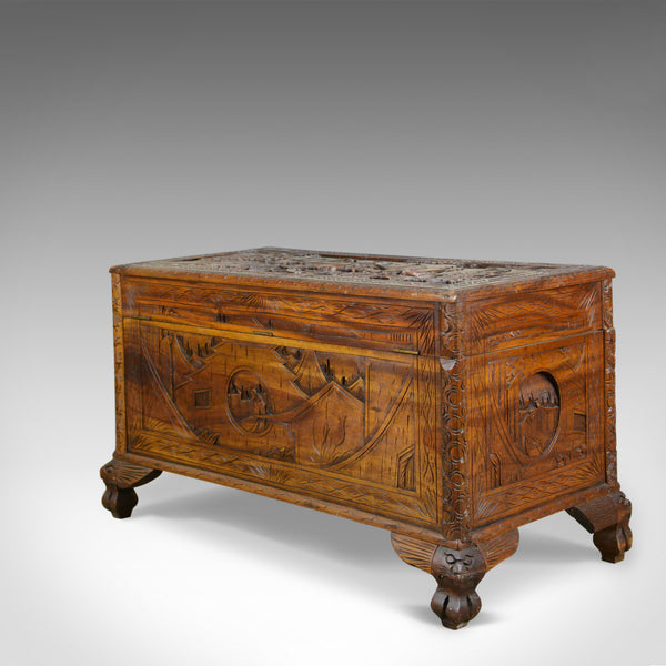 Early 20th Century Camphor Wood Chest, Oriental, Carved Scenes, Trunk c.1930 - London Fine Antiques