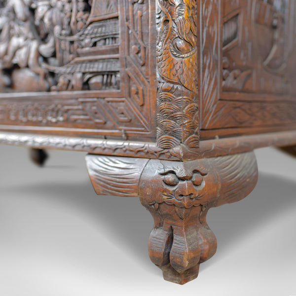 Early 20th Century Camphor Wood Chest, Oriental, Carved Scenes, Trunk c.1930 - London Fine Antiques