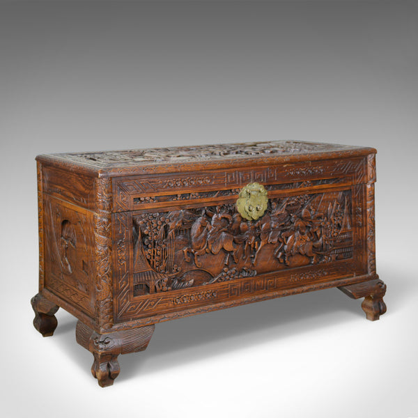 Early 20th Century Camphor Wood Chest, Oriental, Carved Scenes, Trunk c.1930 - London Fine Antiques