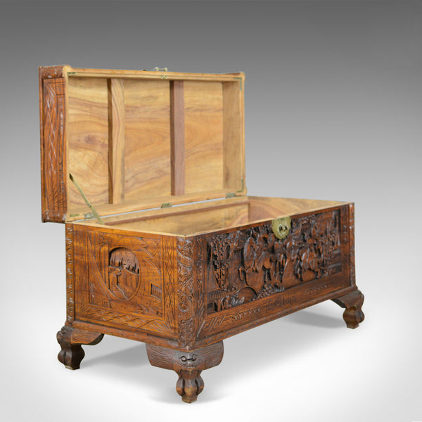 Early 20th Century Camphor Wood Chest, Oriental, Carved Scenes, Trunk c.1930 - London Fine Antiques