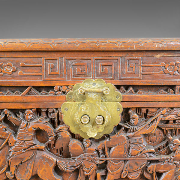 Early 20th Century Camphor Wood Chest, Oriental, Carved Scenes, Trunk c.1930 - London Fine Antiques