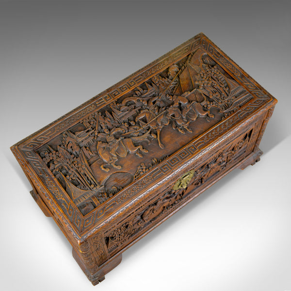 Early 20th Century Camphor Wood Chest, Oriental, Carved Scenes, Trunk c.1930 - London Fine Antiques