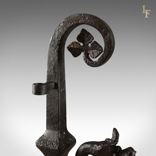 Gothic Wrought Iron Firedogs, Medieval Revival Andirons, Late C20th - London Fine Antiques