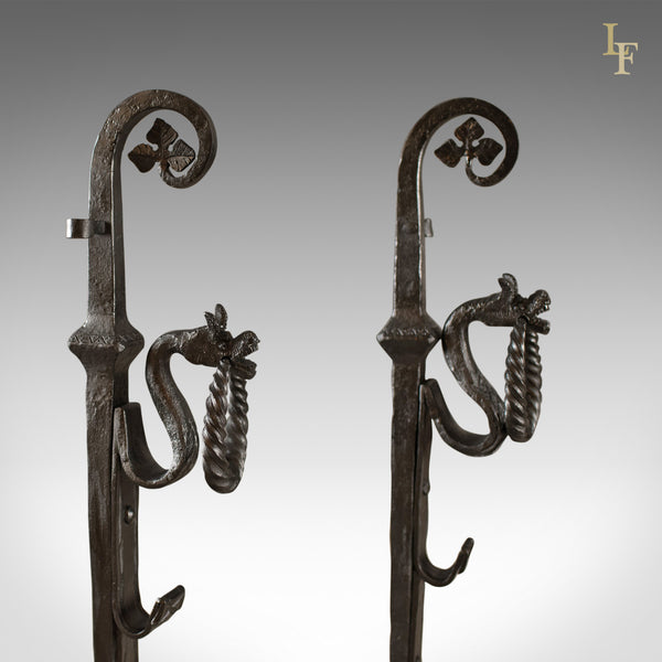 Gothic Wrought Iron Firedogs, Medieval Revival Andirons, Late C20th - London Fine Antiques