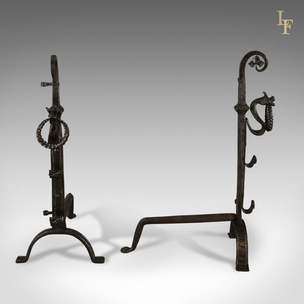 Gothic Wrought Iron Firedogs, Medieval Revival Andirons, Late C20th - London Fine Antiques