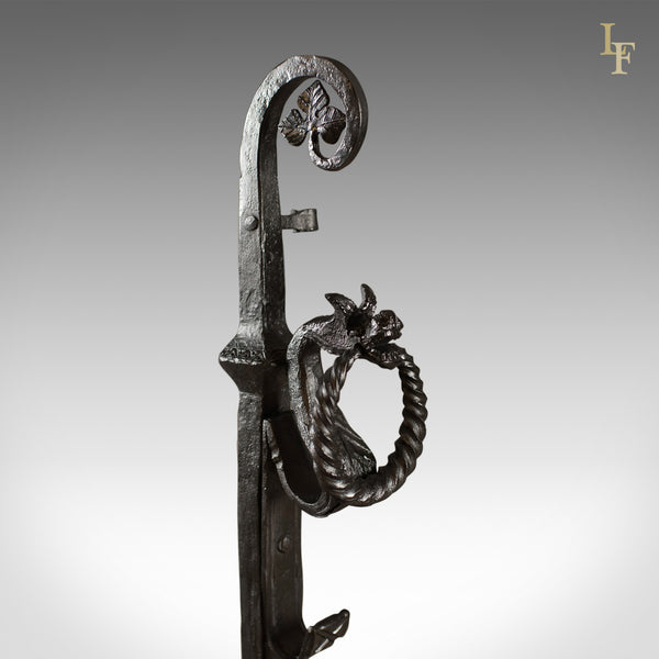 Gothic Wrought Iron Firedogs, Medieval Revival Andirons, Late C20th - London Fine Antiques