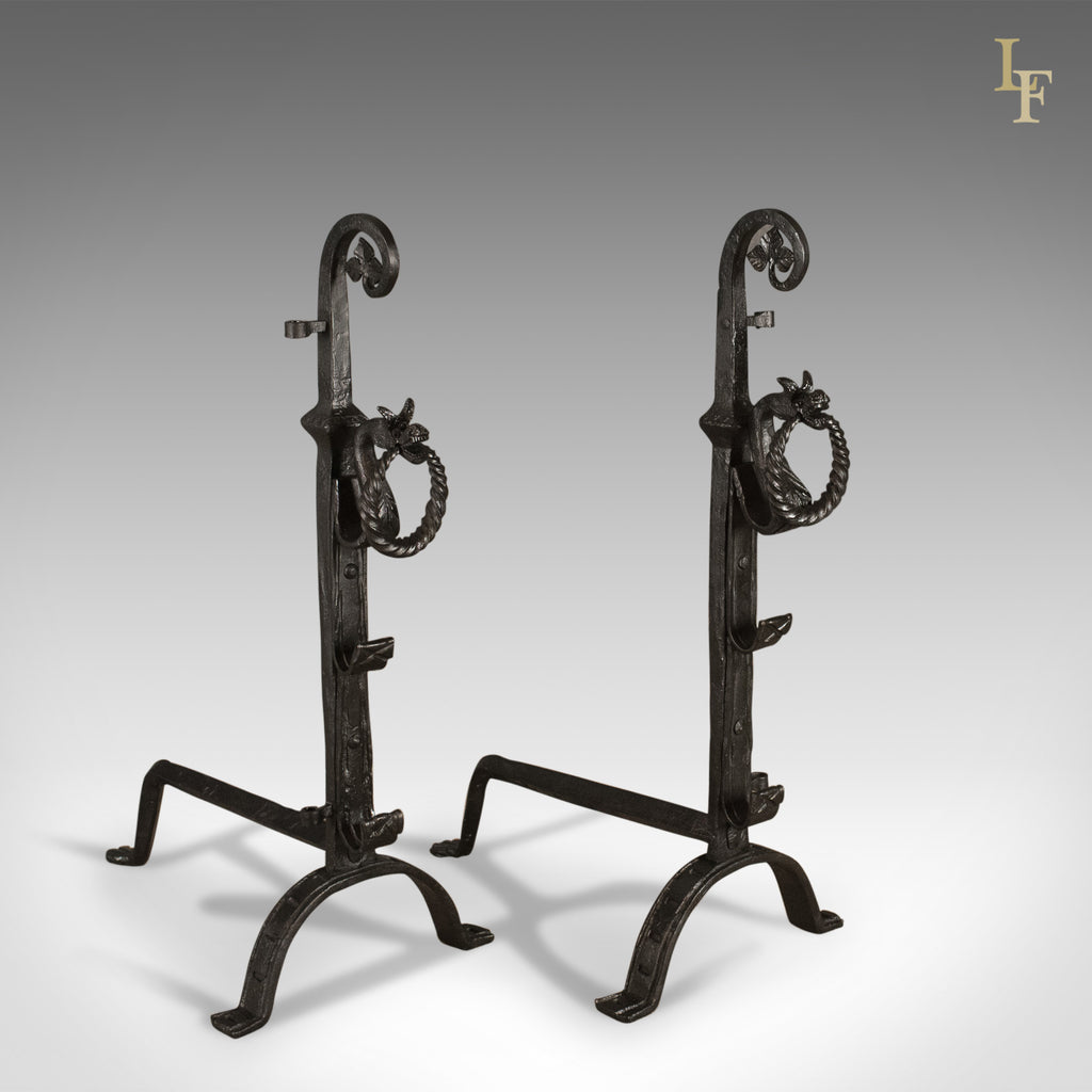 Gothic Wrought Iron Firedogs, Medieval Revival Andirons, Late C20th - London Fine Antiques