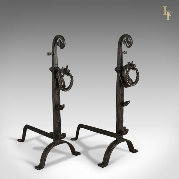 Gothic Wrought Iron Firedogs, Medieval Revival Andirons, Late C20th - London Fine Antiques