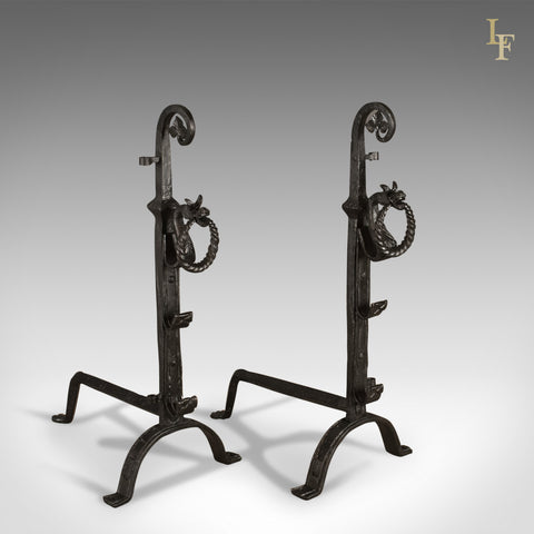 Gothic Wrought Iron Firedogs, Medieval Revival Andirons, Late C20th - London Fine Antiques