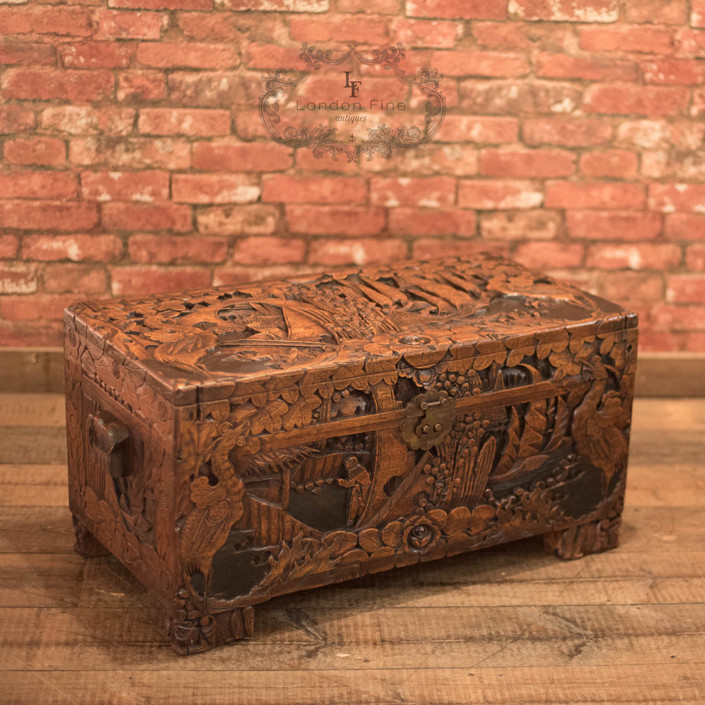 Mid-Century Carved Camphor Wood Trunk - London Fine Antiques