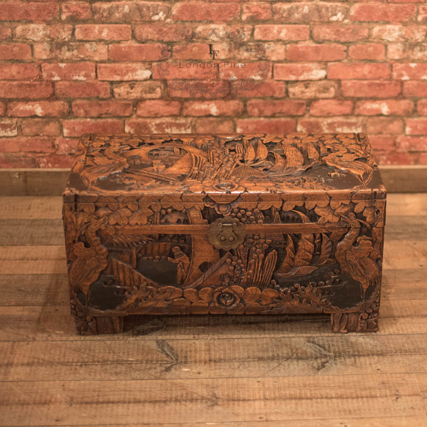 Mid-Century Carved Camphor Wood Trunk - London Fine Antiques