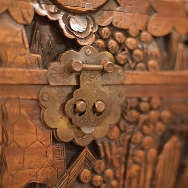Mid-Century Carved Camphor Wood Trunk - London Fine Antiques