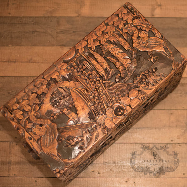 Mid-Century Carved Camphor Wood Trunk - London Fine Antiques