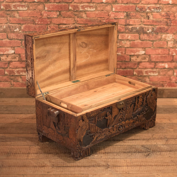 Mid-Century Carved Camphor Wood Trunk - London Fine Antiques