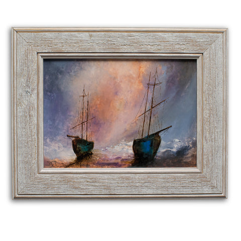 Framed Maritime, Oil Painting, Marine, Ships, Dawn, Art, Original, 15.5" x 12.5" - London Fine Antiques