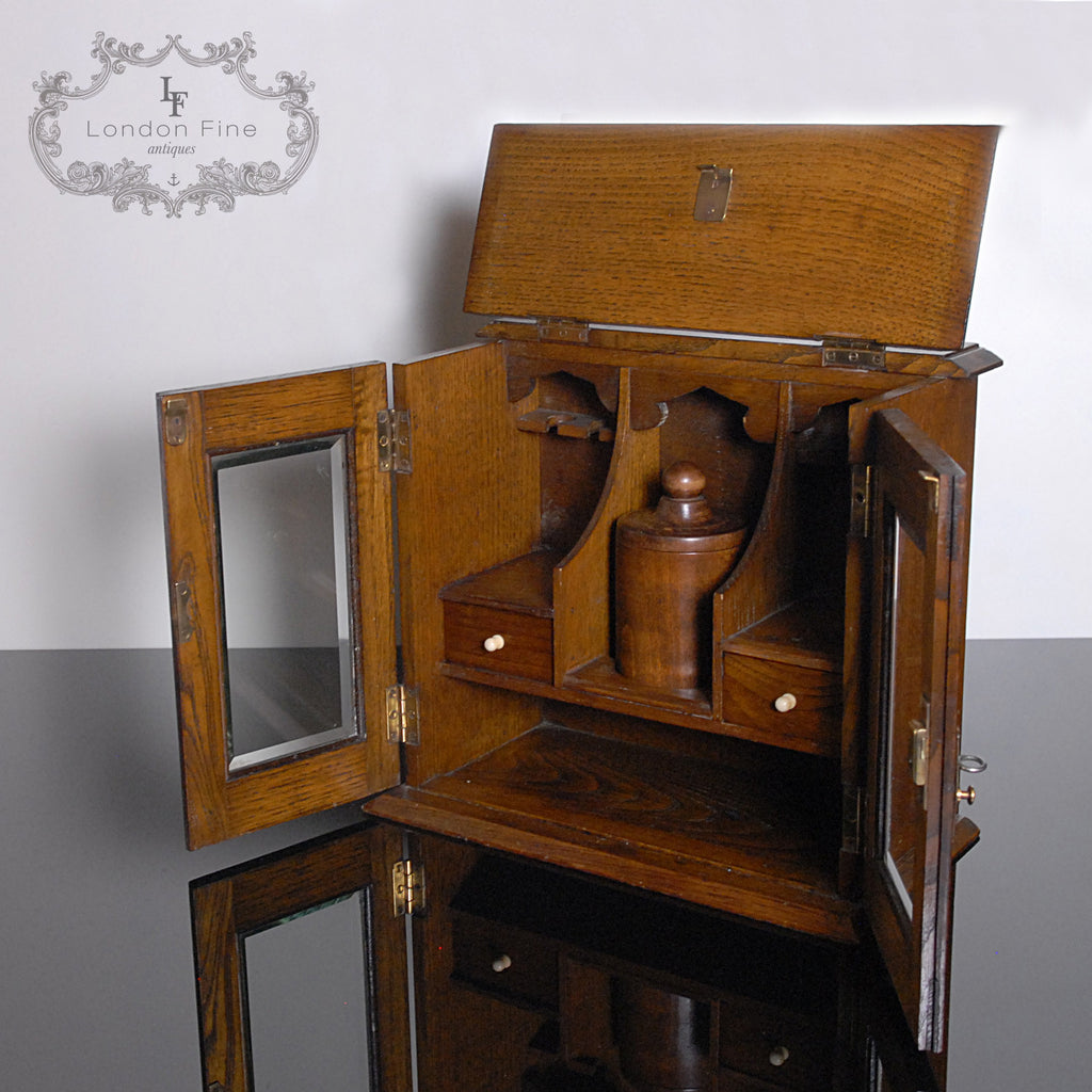 Antique Oak Smokers Cabinet, Locking Specimen Case, English Edwardian Treen - London Fine Antiques