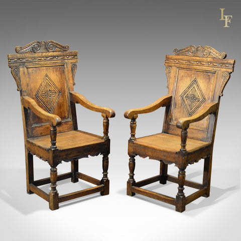 Antique Pair of Hall Chairs, C19th Baronial - London Fine Antiques