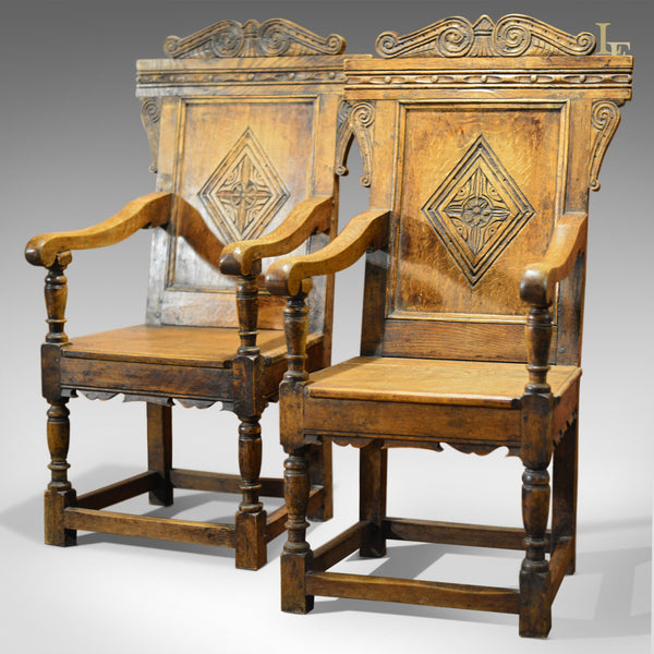 Antique Pair of Hall Chairs, C19th Baronial - London Fine Antiques