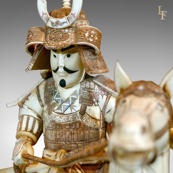 Japanese Bone Carved Antique Okimono Samurai Warrior - London Fine Antiques