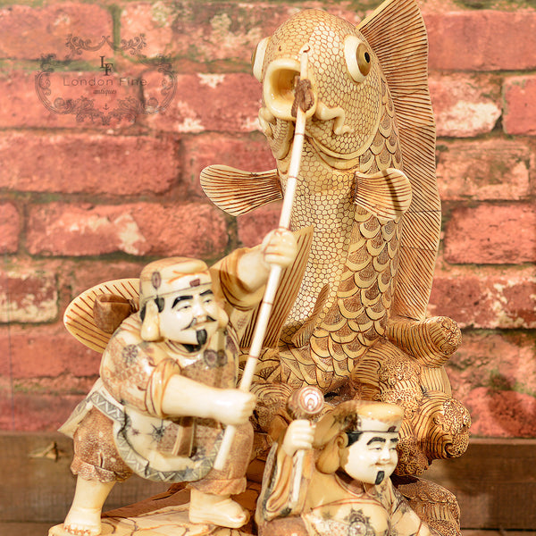 Japanese Bone Carved Okimono Figures & Fish - London Fine Antiques