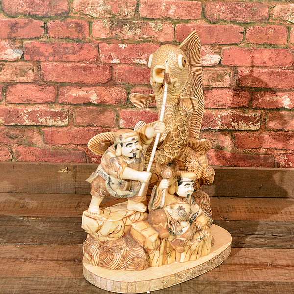 Japanese Bone Carved Okimono Figures & Fish - London Fine Antiques