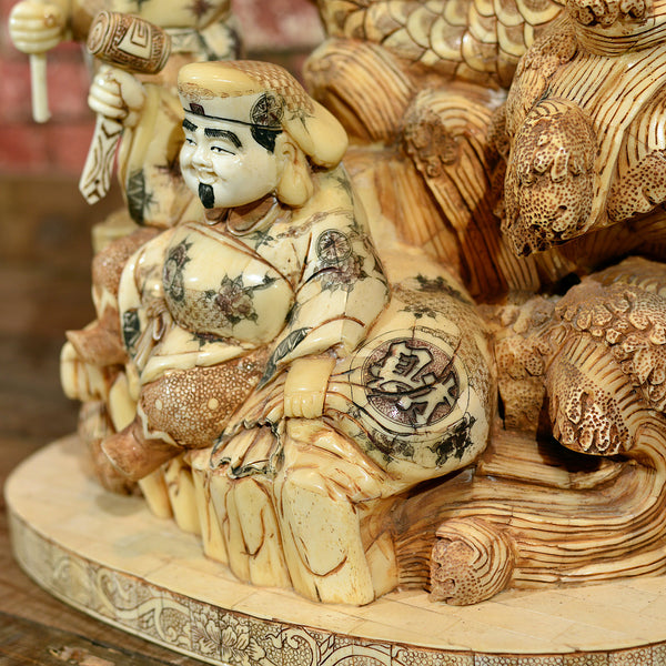 Japanese Bone Carved Okimono Figures & Fish - London Fine Antiques